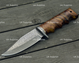 Couteau de camping à lame fixe en acier Damas de 9,5 pouces, manche en bois, pointe de lance, étui en cuir, personnalisable OEM, par UA Supplies - Product Image 3