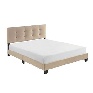Letto matrimoniale con piattaforma, imbottito in velluto marrone chiaro, testiera regolabile in altezza, capitonné, in legno massello per camera da letto - Product Image 4