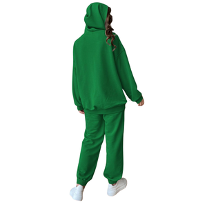 Ensemble de survêtement vert Kelly à capuche pour femme, deux pièces, sweat à capuche en polaire et pantalon de jogging, fabricant sur mesure - Product Image 2
