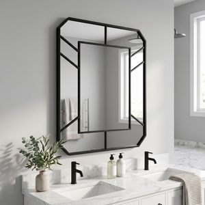 Miroir de salle de bain géométrique noir 30x40 pouces, rectangulaire, en verre argenté, à fixation murale - Product Image 1