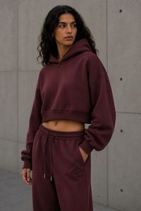 Sweat-shirt à capuche court pour femme, couleur bordeaux, manches longues, couleur unie, tricoté, vêtements décontractés, saison d'automne - Product Image 3