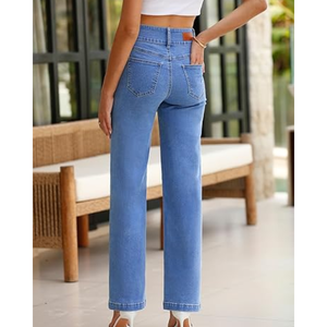 Jeans décontractés pour femmes à taille haute, coupe droite, extensibles, à jambe large et coupe ample en denim – Vente en gros - Product Image 2