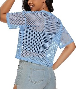 Camisetas sexys para mujer con estampado, holgadas, informales, de malla transparente, con encaje, hombros descubiertos, camiseta de malla de manga corta, top corto - Product Image 5