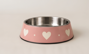 Cute White Heart Pattern Enamel Pet <b>Bowl</b> Non Skid Base <b>Pink</b> Metal <b>Dog</b> Cat Water Feeder Dish Wholesale Modern Feeding Basin OEM - Product Image 4