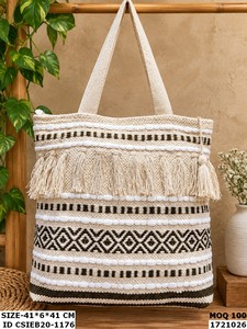 Bohemian <b>Canvas</b> Tote Bag With Beaded Trim And Purple Tassels Open Top Striped Pattern All Seasons Shopping Bag thread pattern - Product Image 4