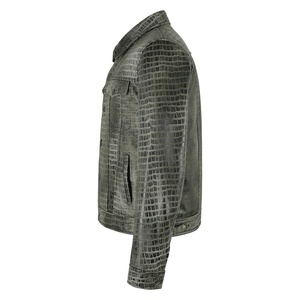 Veste de camionneur en cuir pour homme, nouvelle veste Vintage en cuir gris à imprimé crocodile - Product Image 4