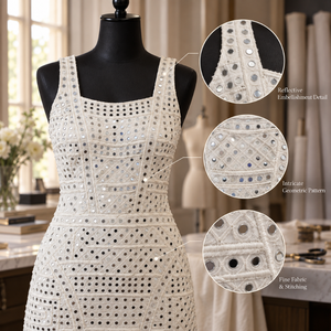 Robe de soirée moulante en strass blancs |   Robe de soirée mini sans manches à col carré avec détails géométriques pour événements formels, élégante - Product Image 5