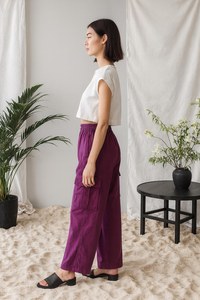 Pantalon cargo violet taille haute pour femme, coupe ample, longueur intégrale, en coton, taille élastique, décontracté, pour l'été, avec poches - Product Image 5
