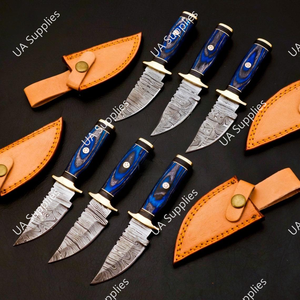 Best Selling Handmade Damascus Steel Drop Point Skinner Knife Blue Black Pakka Wood Handle Brass Guard Razor Sharp Fixed DIY - Product Image 3