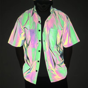 Men's Rainbow Holographic Short Sleeve <b>TShirt</b> Oversized Fit Street Style Foil Print Woven <b>Polyester</b> Casual Wear - Product Image 3