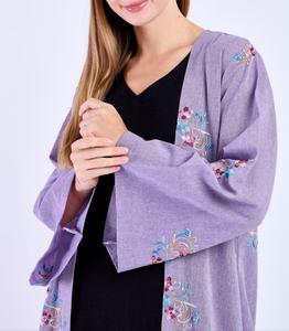 Al por mayor, nuevo estilo, túnica Abaya modesta, ropa islámica, vestido largo musulmán para mujer con abertura frontal, poliéster, cuello en V floral, manga larga - Product Image 2