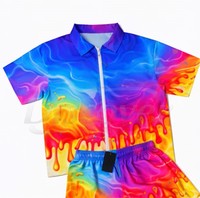Conjunto Deportivo Personalizado Unisex de 2 Piezas, Estampado Gráfico 3D con Diseño de Gota de Arcoíris, Transpirable, Ligero, para Verano, con Polo de Cierre de Cremallera