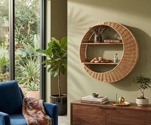Estante de Pared Redondo de Ratán Tejido a Mano con Dos Estantes de Madera y Estante de Almacenamiento Natural Hecho a Mano en Vietnam - Product Image 5