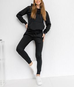 Ensemble de survêtement pour femme, couleur noire unie, manches longues, capuche, pantalon de jogging décontracté, respirant, 100% coton - Product Image 3