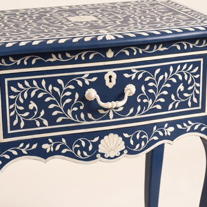 Luxury French Style Navy Blue Bone Inlay Nightstand 1 Drawer Floral Handmade <b>Bedside</b> <b>Table</b> for Luxury Living Unique Nightstand - Product Image 5