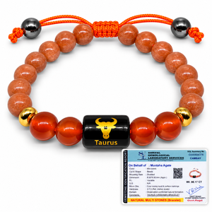 Pulsera de Cristal Premium del Zodiaco Tauro con Cuentas de Piedra del Sol, Patrón de Cabeza de Toro y Etiqueta de Cobre con Símbolo Sánscrito - Product Image 2
