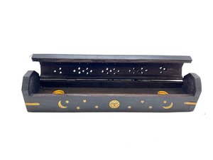 Boîte à encens en bois noir Steen faite à la main avec motif lune et étoile pour usage religieux, diffuseur d'aromathérapie en bois de style chinois - Product Image 3