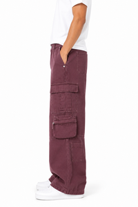 Mens Washed Cargo Denim Pants Wide Leg Utility <b>Jeans</b> Casual <b>Burgundy</b> Streetwear Trousers with Multi Pocket Design Relaxed Fit - Product Image 5