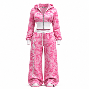 Ensemble de survêtement unisexe rose camouflage personnalisé, coupe régulière, léger, avec fermeture éclair intégrale, capuche et pantalon de jogging, design 2-en-1, poches latérales - Product Image 1