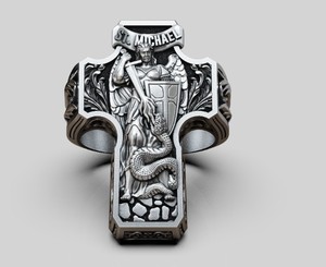 Anillo de Lujo de Plata de Ley 925 con Cruz de San Miguel, Anillo Ancho Gótico de Guerrero Ángel, Joyería de Declaración para Hombres y Mujeres - Product Image 4