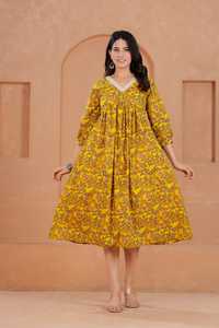 Mustard Floral Print Cotton V-Neck <b>Three</b> Quarter Sleeve Casual Fit Flare Midi Dress Maternity Feeding Gown Pockets Daily Wear - Product Image 3