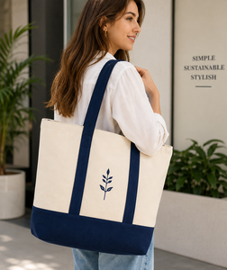 AMANI Canvas <b>Tote</b> <b>Bag</b> Cream Navy <b>Zipper</b> Closure Minimalist Design Travel Shopping <b>Bag</b> - Product Image 6