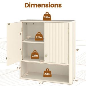 Over Toilet <b>Storage</b> <b>Wall</b> Cabinet with 2 Doors Beige Fluted 21.5"x7.5"x24" 3 Position Adjustable Open Shelf - Product Image 4