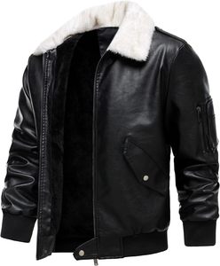 Chaqueta Bomber de Cuero PU Negra para Hombre con Cuello de Piel Sintética, Cierre de Cremallera Frontal, Estilo Motero, Cálida para Invierno, Corte Regular - Product Image 4