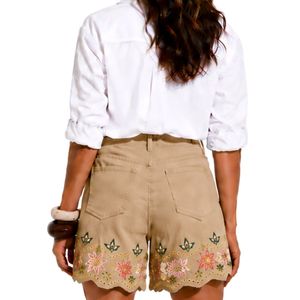Shorts de Mezclilla para Mujer, Color Caqui, Bordados, Cintura Alta, con Dobladillo Festoneado Floral, de Algodón, Casuales, de Verano, Personalizables, OEM, Marca Privada, a la Moda - Product Image 2