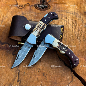 UA Supplies Industrial Grade Damascus Steel Folding Hunting Knife Clip Point Straight Blade Stag Horn Handle Wholesale Prices - Product Image 4