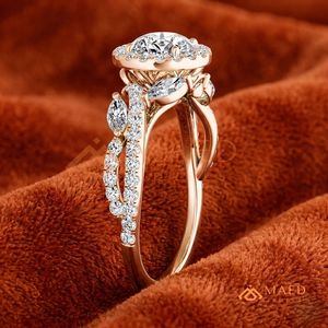 Round Cut Moissanite Engagement Ring <b>Rose</b> Gold Plated Halo <b>Infinity</b> Twist Pave Band Wedding Ring Diamond Look Jewelry - Product Image 2