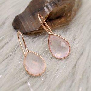 Aretes Colgantes de Cuarzo Rosa, Plata de Ley 925, Chapados en Oro de 14K, Forma de Lágrima Rosa, Piedra de Nacimiento, para Regalos de Aniversario y Fiesta - Product Image 5