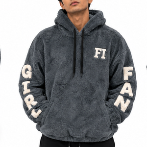 Men's Cotton Fleece Hoodies Oversized Plush Pullover Embroidered Lettering Sleeve Warm <b>Streetwear</b> Wholesale B2B USA Supplier - Product Image 5