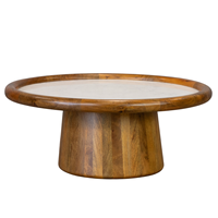 Table basse artisanale en bois de manguier massif, forme ronde avec plateau en marbre, base robuste, blanc et naturel