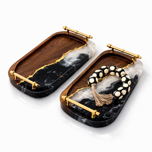 Juego de bandejas de madera grandes con incrustaciones de resina y asas para servir té, café, velas y decoración en el hogar y restaurantes. - Product Image 2