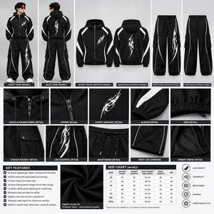 Chándal Ligero Unisex con Estampado de Llamas en Blanco y Negro, 2 en 1, con Capucha, Manga Larga, Corte Holgado, Deportivo, Transpirable, de Poliéster, para Primavera - Product Image 6