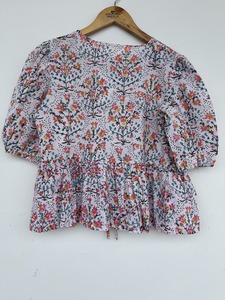 Blusa de Algodón a Rayas Multicolor para Mujer, con Cuello Redondo, Mangas Abullonadas, Cinturón, Tejido de Punto, Estilo Bohemio, Corte Corto y Holgado - Product Image 2