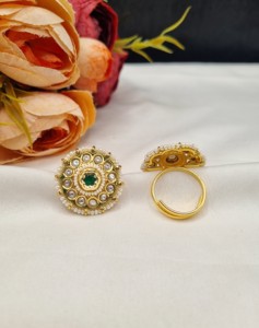 Flower Shape Stone Pearl Beaded Border <b>Adjustable</b> <b>Ring</b> Wedding <b>Ring</b> Gold Plated Traditional Ethnic Wear Fashion <b>Rings</b> Collection - Product Image 4