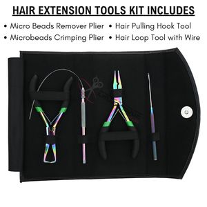 Petit kit d'outils pour extensions de cheveux arc-en-ciel, comprenant des pinces pour micro-anneaux, des outils pour boucles et crochets, et des outils pour ouvrir et fermer les perles. - Product Image 2