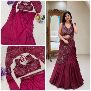 Sari de soirée bordeaux le plus vendu avec broderies et sequins, entièrement cousu, sari ethnique de créateur pour femme - Product Image 4