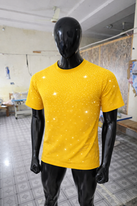 T-shirt Homme Oversize Jaune Personnalisé avec Strass, Motif Diamant Scintillant, Décontracté, Streetwear, Été, Coton Respirant, Motif à Pois - Product Image 6