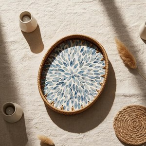 Latest Rattan Wicker Tray with Mother of Pearl Inlay Wooden Base and Insert Handle for Fruit Serving, Coffee Table Trays - Product Image 4