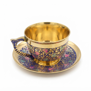 Juego de taza y platillo de latón Meenakari de lujo hecho a mano, azul real, tallado a mano, taza de café de metal para regalos de boda, recuerdos, venta al por mayor. - Product Image 1