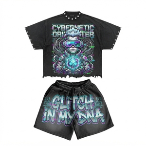 Custom Streetwear <b>Men</b> Cyberflow Graphic Print <b>T</b>-<b>Shirt</b> <b>And</b> <b>Shorts</b> <b>Set</b> Heavyweight Oversized Boxy Fit <b>Short</b> Sleeve Co-Ord <b>Sets</b> - Product Image 6