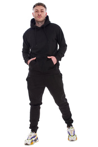 <b>Men's</b> Black Hooded Printed Fleece Tracksuit Set Casual Full Sleeve Solid Color Sweatshirt <b>Pants</b> Side Pockets Regular Fit Winter - Product Image 4