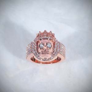 Rose <b>Gold</b> Plated 925 Silver Moissanite Halo Skull Crown <b>Cocktail</b> <b>Ring</b> for Men's Party Wear - Product Image 1
