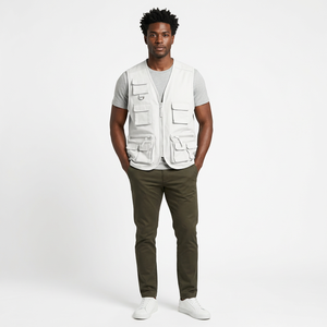 Gilet Safari Blanc pour Homme avec Fermeture Éclair, Col Montant et Multiples Poches - Product Image 6