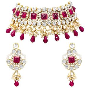 Conjunto de Collar, Pendientes y Diadema con Diseño de Flores Chapadas en Oro de 24K, Borlas de Perlas de Imitación, Piedras Rojas, Joyería para Mujer - Product Image 1