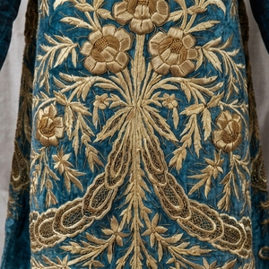 Manteau en velours bleu brodé à la main, motif floral, col mandarin, manches longues, vêtement liturgique - Product Image 5