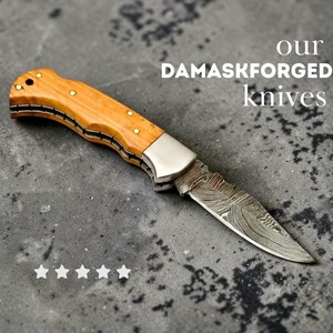 Cuchillo hecho a mano de acero de Damasco con hoja de punta caída y mango de madera, cuchillo de camping de filo recto - Product Image 4
